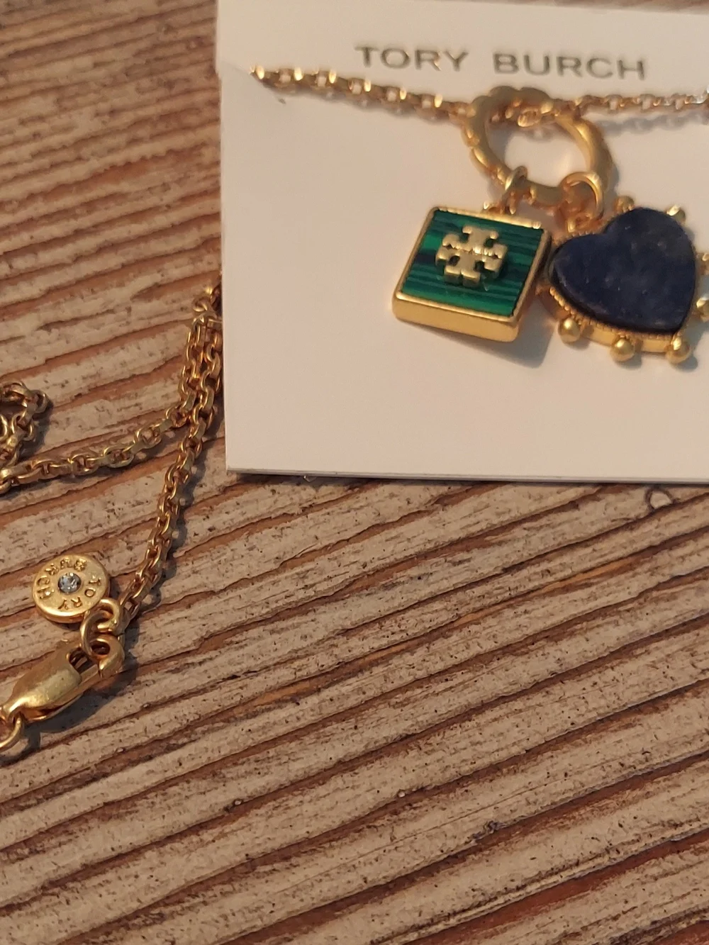 Tory Burch Gold Chain Necklace with Green Enamel Square and Blue Heart Charm